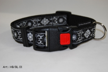 Hundehalsband mit Borte veredelt  Schwarz-Silber Art. HB/BL 01