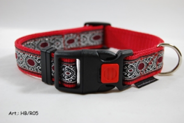 Hundehalsband mit Borte veredelt  Rot-Silber Art. HB/R 05
