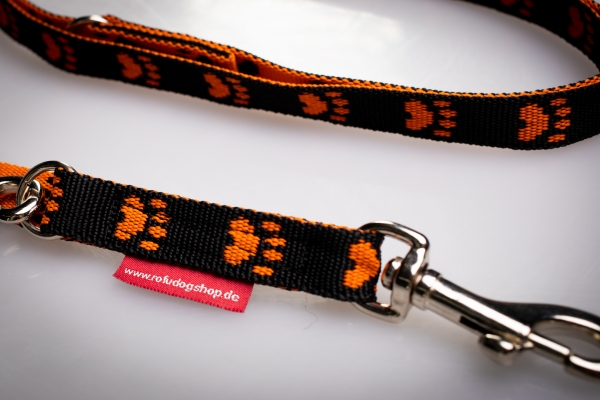 Hundeleine Pfötchen 2m 3fach bis 4,8m 5fach verstellbar *Schwarz-Orange*