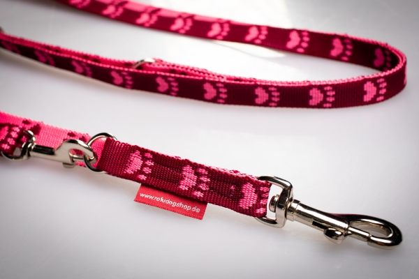 Hundeleine Pfötchen 2m 3fach bis 4,8m 5fach verstellbar *Bordeaux-Rosa*